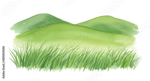 Watercolor painting depicts lush green rolling hills and vibrant blades of grass against a clean white background emphasizing nature's serenity
