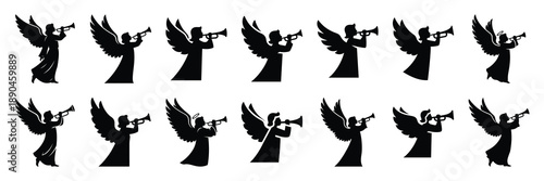 christmas  angel blowing trumpet icon set silhouette on black colour and white background. Holiday silhouette vector icons.