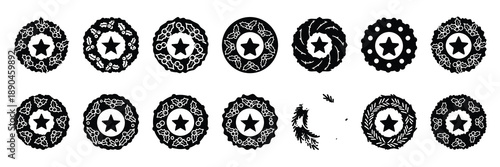 christmas  wreath star icon set silhouette on black colour and white background. Holiday silhouette vector icons.
