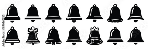christmas  bell single icon set silhouette on black colour and white background. Holiday silhouette vector icons.