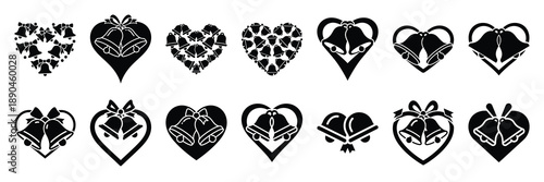 christmas  bells heart icon set silhouette on black colour and white background. Holiday silhouette vector icons.