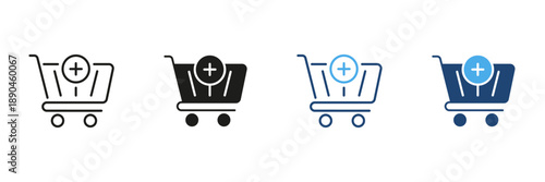 Shopping Cart With Plus Sign Line And Solid Icon Set. E-Commerce, Online Shopping, And Add To Cart Functionality Outline And Silhouette Symbol Collection. Isolated Vector Illustration