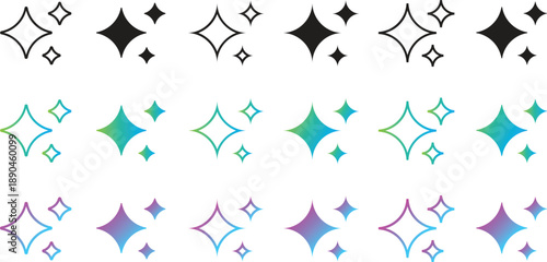 Set of sparkle icons with star shapes and magic glisten effects for ai generated content and social media design. Collection of clean minimalist shining elements in black and gradient colors