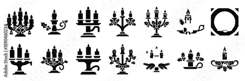 christmas  candle holder icon set silhouette on black colour and white background. Holiday silhouette vector icons.