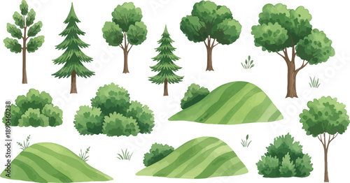 Watercolor elements featuring various green trees bushes and rolling hills perfect for nature scene design creation