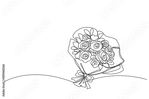 Line Art Flower. Abstract Floral Bouquet Contour Drawing. Outline Greeting Card Flower Bloom Decoration. Continuous Line Drawing Style. Valentine's Day or Wedding Celebration Party Graphic Design Art