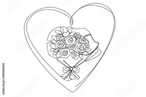 Line Art Flower. Abstract Floral Bouquet Contour Drawing. Outline Greeting Card Flower Bloom Decoration. Continuous Line Drawing Style. Valentine's Day or Wedding Celebration Party Graphic Design Art