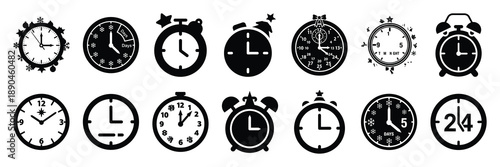 christmas  countdown clock icon set silhouette on black colour and white background. Holiday silhouette vector icons.