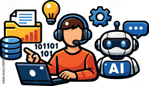 Man with headset and robot interacting with data and AI