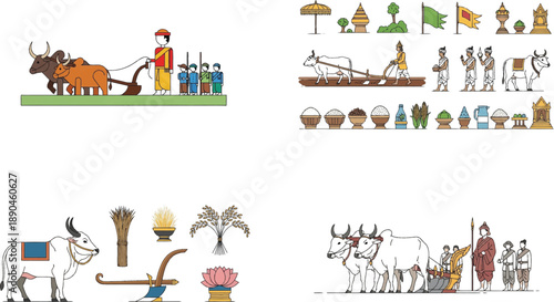 Colorful Traditional Farming and Cultural Scenes plowing cattle oxen buffalo