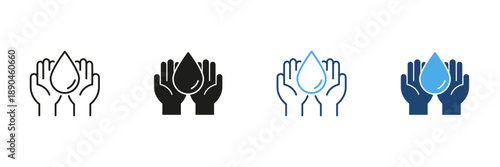 Hands Holding Water Drop Line And Solid Icon Set. Water Conservation, Sustainability, And Environmental Protection Outline And Silhouette Symbol Collection. Isolated Vector Illustration