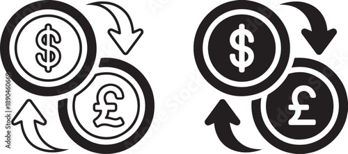 Currency exchange icons dollar and pound sterling symbols with arrows for financial transactions