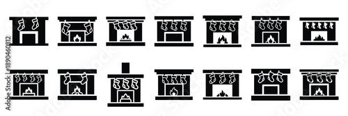 christmas  fireplace with stockings icon set silhouette on black colour and white background. Holiday silhouette vector icons.