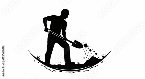 Silhouette of a man digging with a shovel.