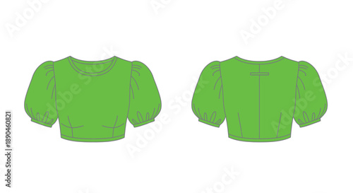 Technical fashion illustration of a light blue puff sleeved crewneck blouse