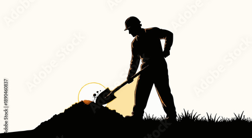 Silhouette of a man digging with a shovel at sunrise.