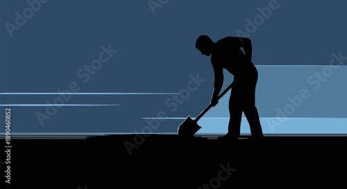 Silhouette of a man digging with a shovel at dusk.