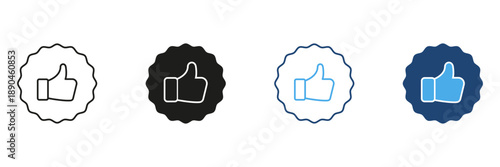 Thumbs Up Badge Line And Solid Icon Set. Approval, Positive Feedback and Social Media Engagement Outline And Silhouette Symbol. Quality Assurance And Endorsement. Isolated Vector Illustration