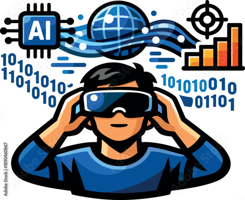 Man wearing VR headset interacting with AI and data visualization