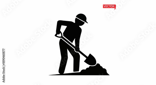 Silhouette of a construction worker digging with a shovel.