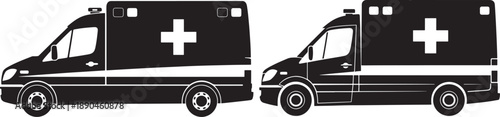 Two black silhouettes of ambulances, side view, ready for emergency medical response