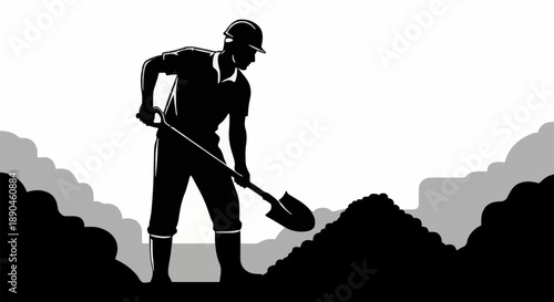 Silhouette of a construction worker digging with a shovel.