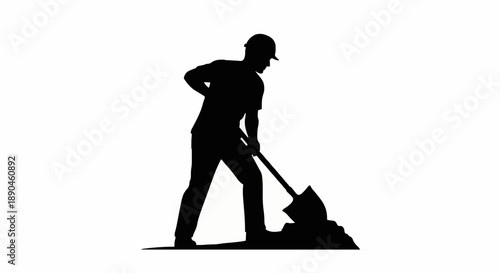 Silhouette of a construction worker digging with a shovel.
