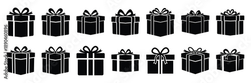 christmas  gift box with icon set silhouette on black colour and white background. Holiday silhouette vector icons.