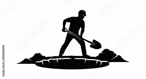 Silhouette of a construction worker digging with a shovel.