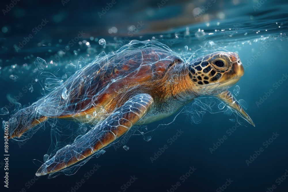 Fototapeta premium Sea turtle tangled in plastic waste swims in clear ocean waters showcasing the impact of pollution on marine life and ecosystems