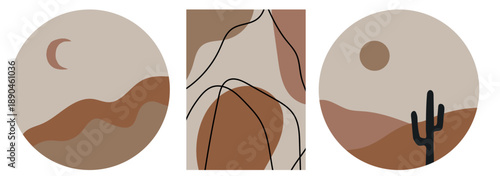 a collection of modern, simple illustrations in the boho style. Abstract landscapes