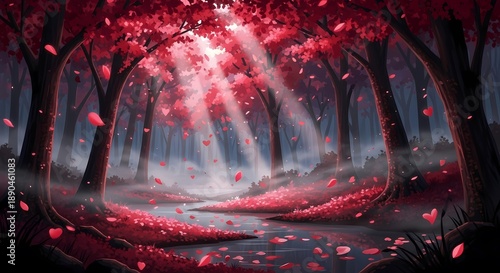 Dua siluet perempuan saling menatap di bawah hati merah yang bersinar, dikelilingi oleh sosok-sosok bayangan dalam pemandangan malam yang gelap dan berbintang, melambangkan cinta dan keterikatan.