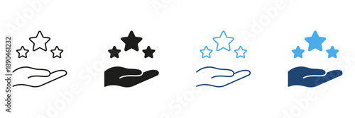 Hand Holding Stars Line And Solid Icon Set. Customer Satisfaction, Quality Service, And Excellence Outline And Silhouette Symbol. Business And Success Concept. Isolated Vector Illustration