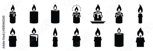 christmas  holiday candle flame icon set silhouette on black colour and white background. Holiday silhouette vector icons.