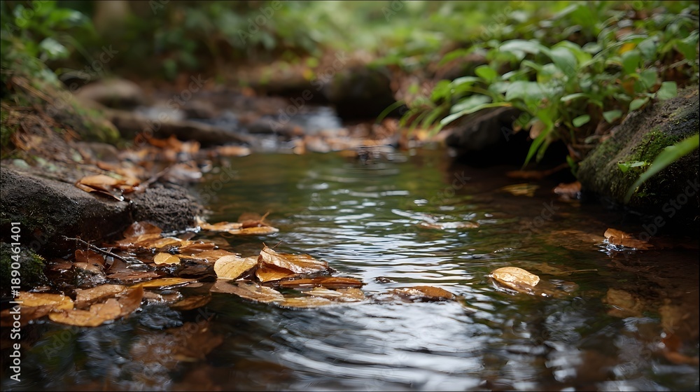 Obraz premium Close up view of fallen autumn leaves gently floating on the surface of a serene forest stream surrounded by mossy rocks and green vegetation