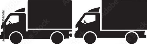 Modern delivery trucks, black silhouette icons on white. Commercial transport vehicles for logistics and shipping.