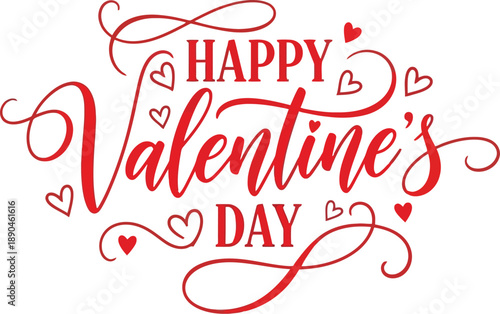 Beautifully rendered red calligraphy saying happy valentine's day surrounded by small decorative hearts on a white background