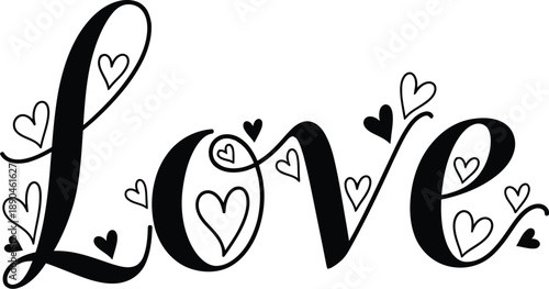 Elegant black and white typography design featuring the word love embellished with numerous small decorative hearts perfect for romance themes