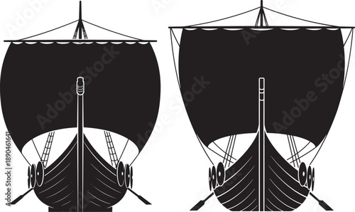 Viking longship illustration, front view of ancient Nordic sailing vessels with black sails. Historical seafaring concept.