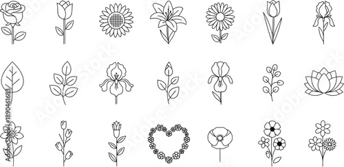 A beautiful collection of minimalist black and white line art icons featuring various delicate flowers foliage and botanical elements