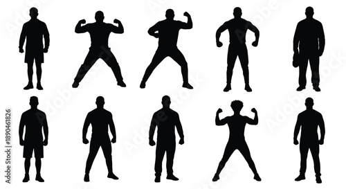 Collection of male silhouettes in various poses and outfits
