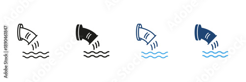 Water Pipe Discharge Line And Solid Icon Set. Wastewater Management And Environmental Impact Outline And Silhouette Symbol Collection. Pollution And Water Treatment. Isolated Vector Illustration