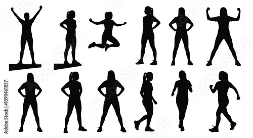 Collection of various female fitness silhouettes on white background