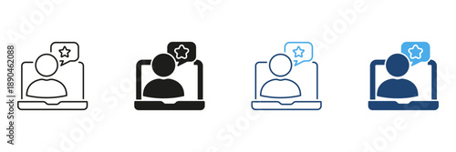 Person On Laptop Line And Solid Icon Set. Online Review, Feedback and User Rating Outline And Silhouette Symbol Collection. Customer Satisfaction. Isolated Vector Illustration