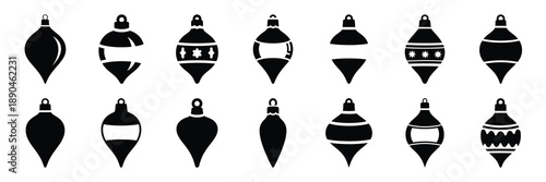 christmas  ornament teardrop icon set silhouette on black colour and white background. Holiday silhouette vector icons.