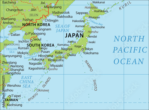 Vector political, geographical
world map. Eastern asia with regions of japan - 
hokkaido, honshu, tokyo, osaka,
ryukyu islands, yokohama, shikoku,
kyushu, okinawa, nampo shoto, korean peninsula.