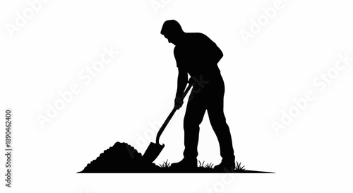 Silhouette of a man digging with a shovel in the ground.