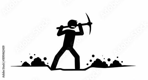 Silhouette of a miner digging with a pickaxe.