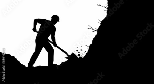 Silhouette of a man digging with a shovel on a hill.