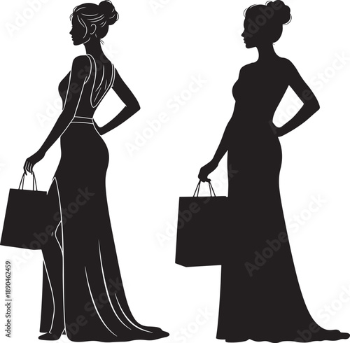 Elegant silhouette of a woman in a flowing gown carrying shopping bags. Fashionable lady for retail and luxury.